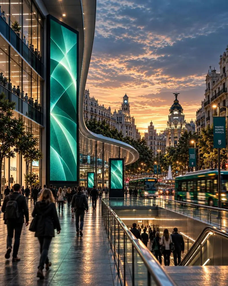 Avenida comercial al atardecer con pantallas digitales de publicidad exterior