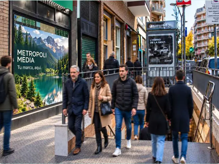 Pantalla digital junto a una boca de metro en la calle Rosselló de Barcelona