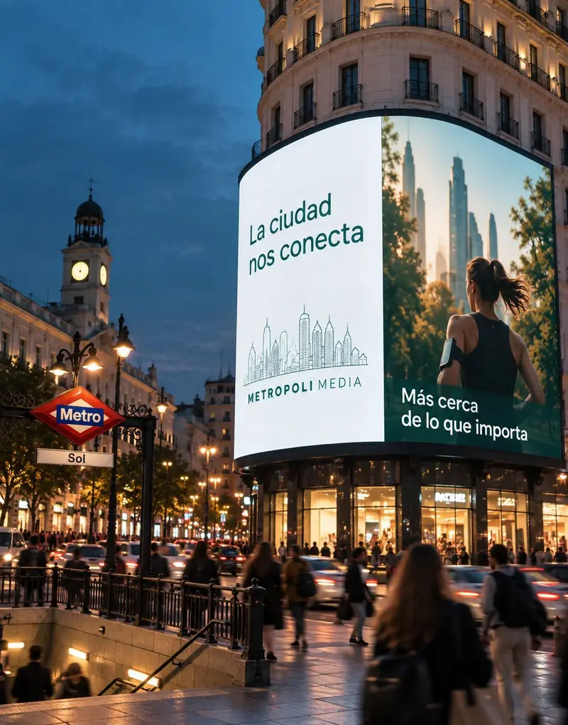 Pantalla digital curva de gran formato en una plaza de Madrid de noche