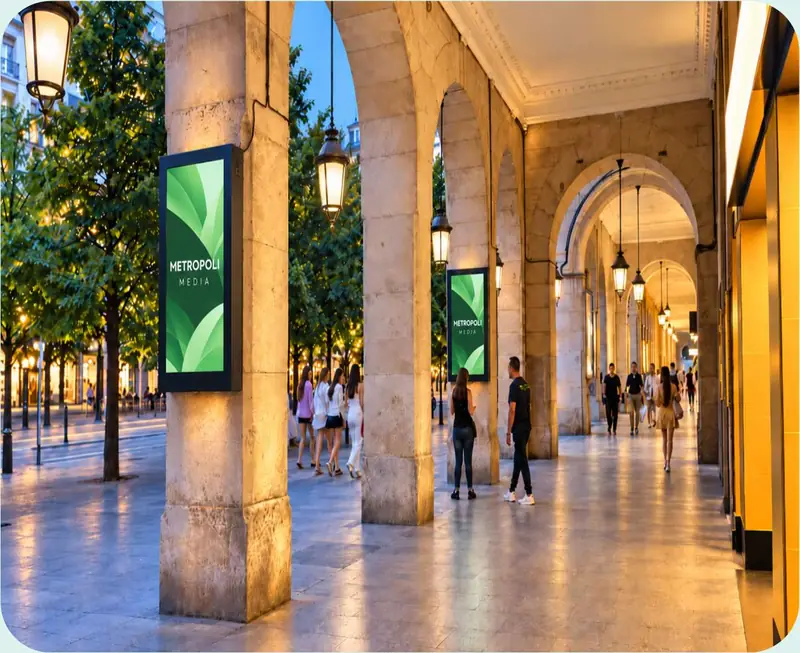 Soportes digitales bajo los porches de la Avenida de la Independencia de Zaragoza