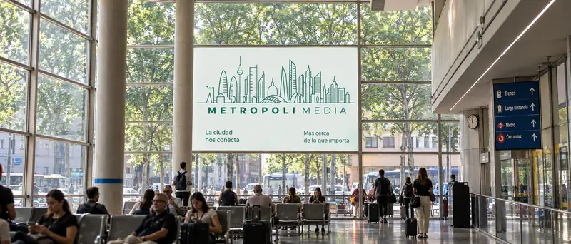 Vestíbulo acristalado de una estación con una lona de Metrópoli Media